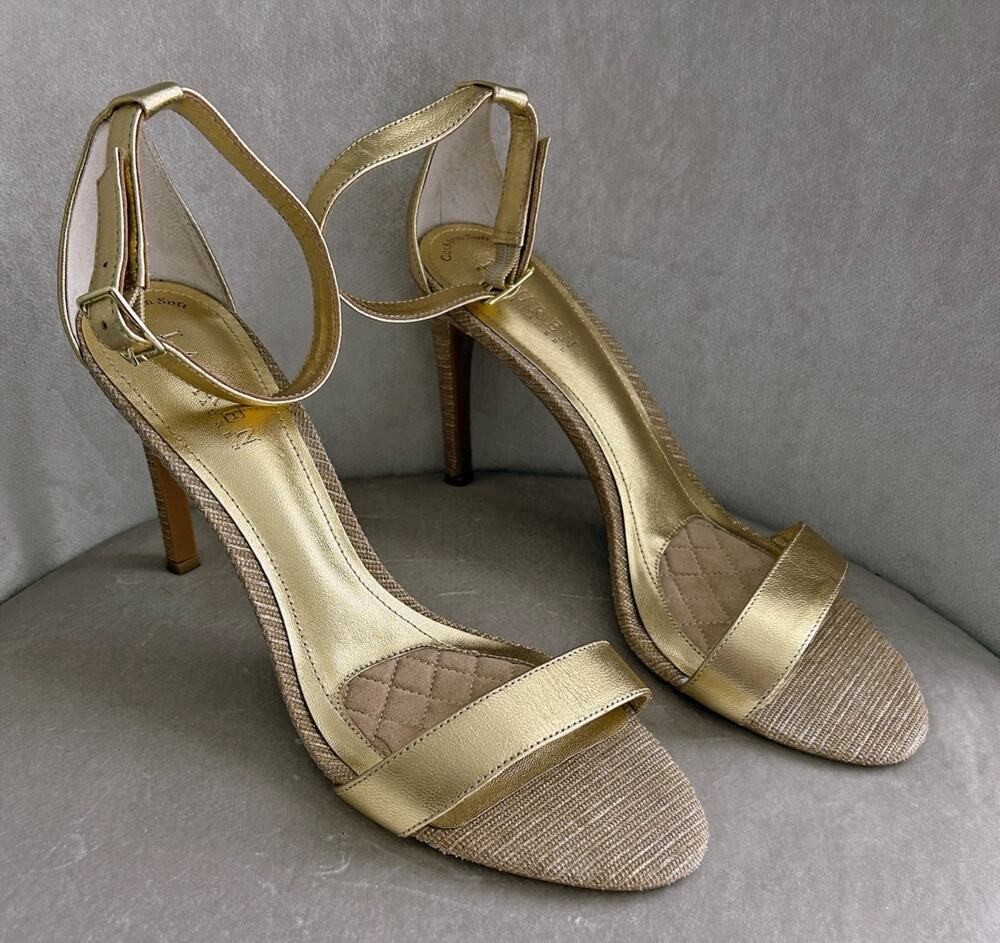 NEW! Ralph Lauren Samantha Gold Leather Stiletto Heels, Ankle Strap, Size 10B